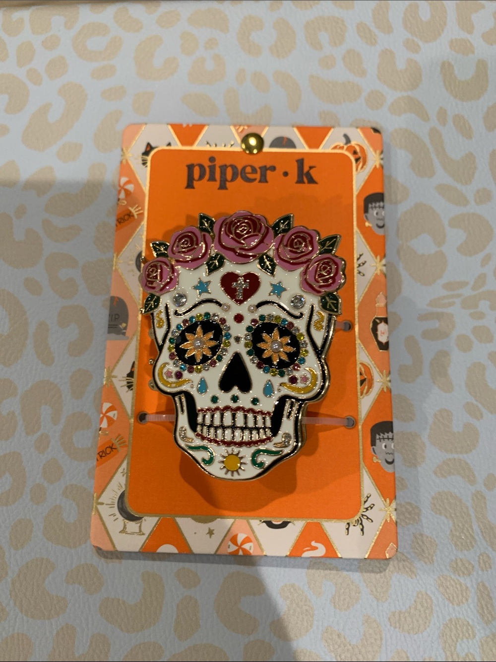 piper·k Sugar Skull Enamel Pin with Pink Roses - White Base